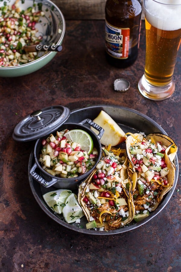 Spicy Cider Beer Braised Chicken Enchilada Tacos w-Sweet Chili Apple-Pomegranate Salsa | halfbakedharvest.com @hbharvest
