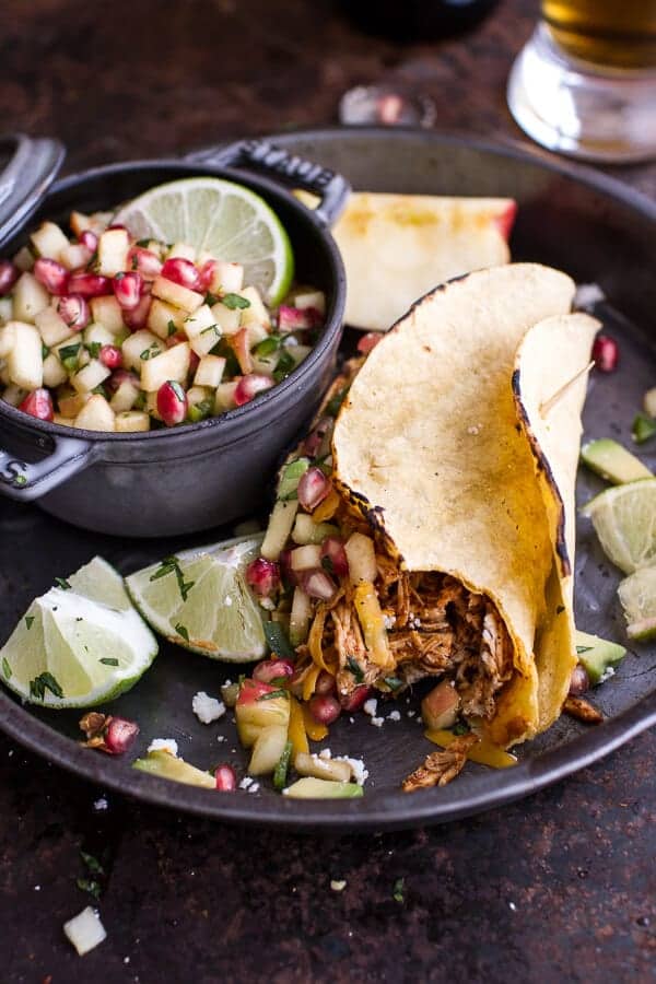 Spicy Cider Beer Braised Chicken Enchilada Tacos w-Sweet Chili Apple-Pomegranate Salsa | halfbakedharvest.com @hbharvest