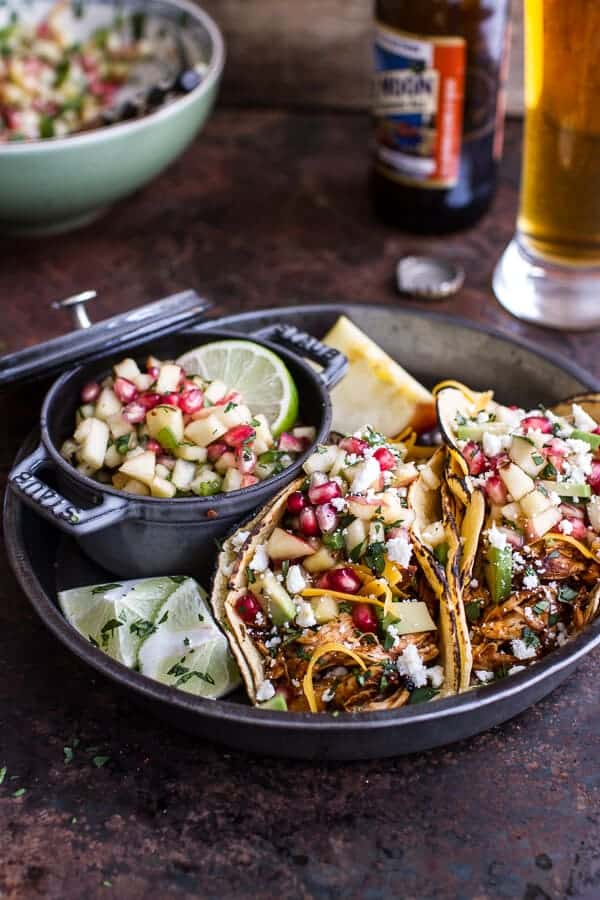 Spicy Cider Beer Braised Chicken Enchilada Tacos w-Sweet Chili Apple-Pomegranate Salsa | halfbakedharvest.com @hbharvest