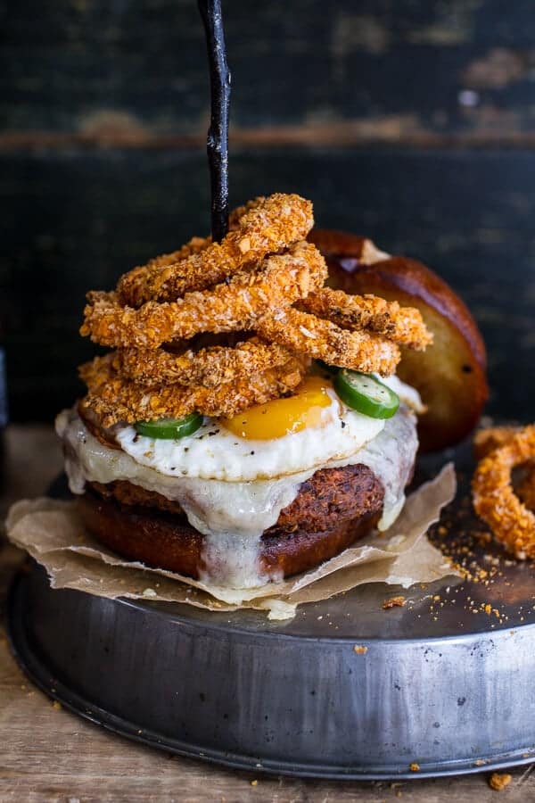Sweet Potato Black Bean Chili Burgers w/Baked Cheddar Beer Onion Rings + Fried Egg | halfbakedharvest.com @hbharvest