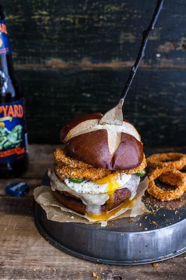 Sweet Potato Black Bean Chili Burgers w/Baked Cheddar Beer Onion Rings + Fried Egg | halfbakedharvest.com @hbharvest