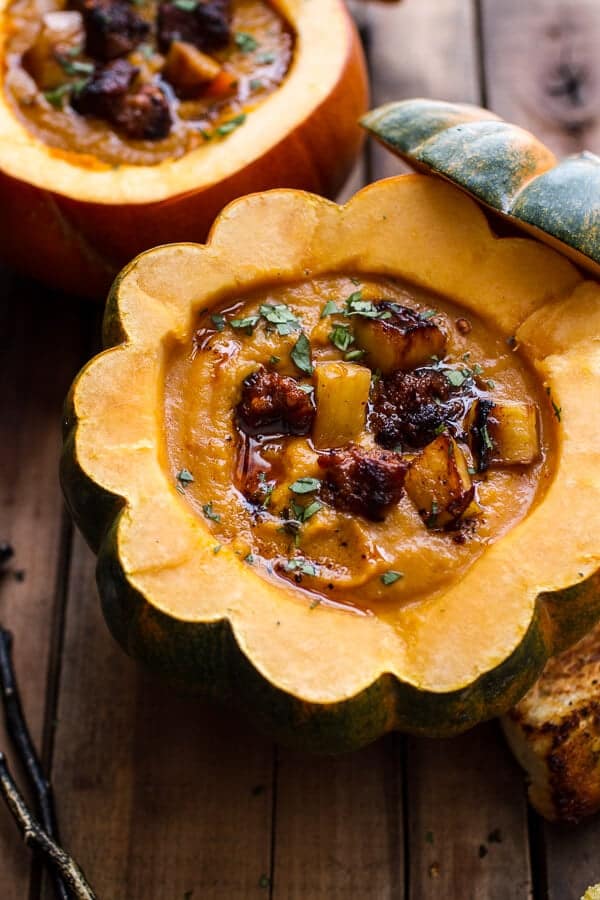 Chipotle Pumpkin Soup with Crispy Chorizo + Caramelized Apples | halfbakedharvest.com @hbharvest