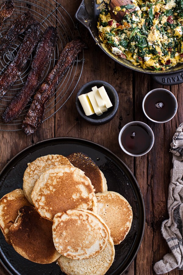 Breakfast for Dinner w/Buttermilk Ricotta Pancakes with Maple Candied Bacon + Eggs | halfbakedharvest.com @hbharvest