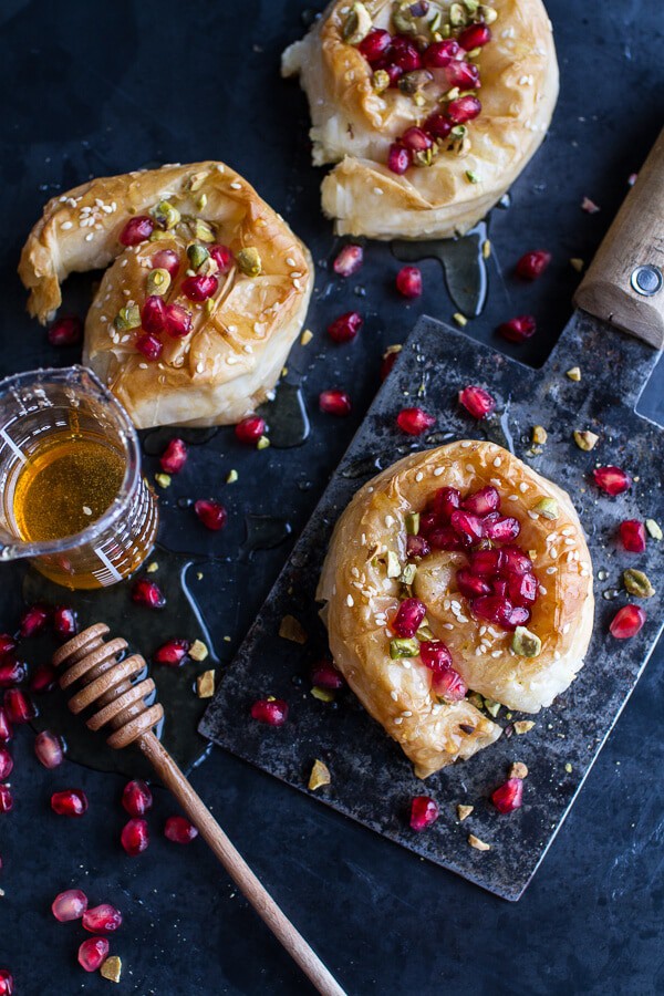 Goat Cheese Stuffed Phyllo Swirls with Pomegranate Honey + Pistachios | halfbakedharvest.com @hbharvest