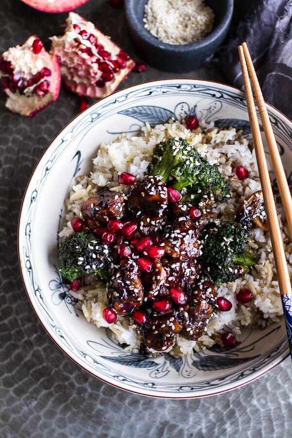 Pomegranate Sesame Chicken with Ginger Rice Pilaf | halfbakedharvest.com @hbharvest