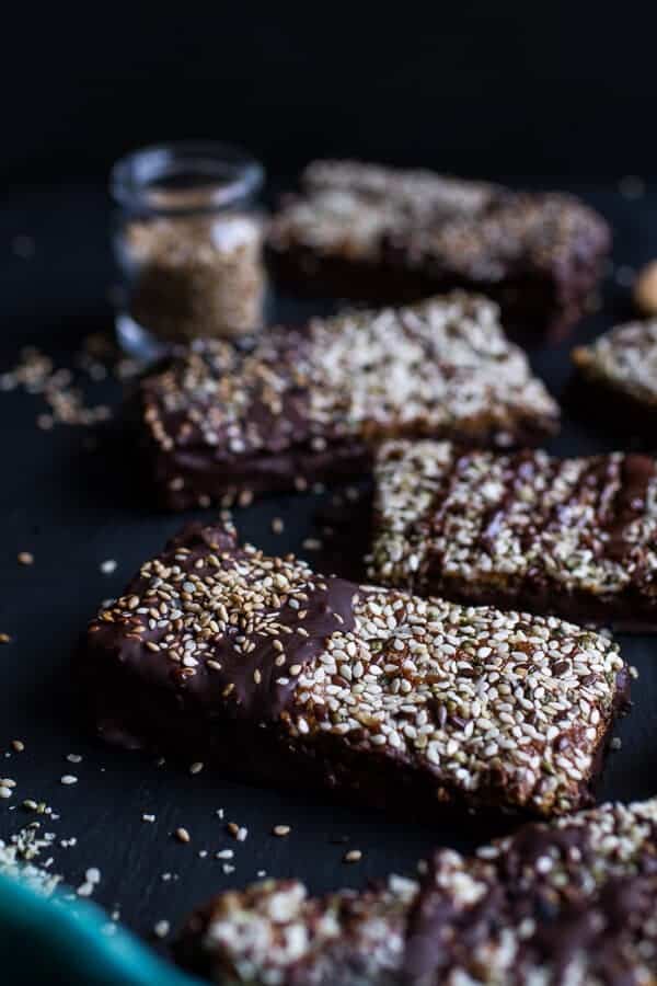 Dark Chocolate Dipped Crunchy Coconut Cashew Sesame Bars | halfbakedharvest.com @hbharvest