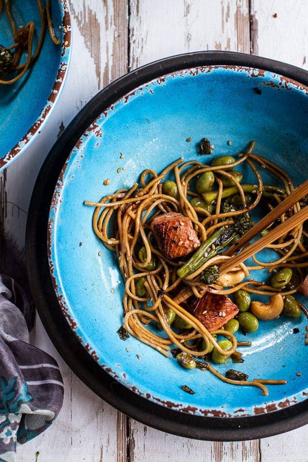 Sake and Ginger Soba Noodle Salmon Stir Fry | @hbharvest