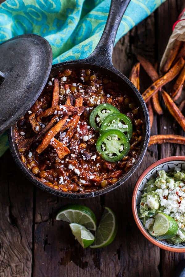 Spicy Black Bean and Lentil Chili with Cotija Guacamole + Chipotle Sweet Potato Fries | halfbakedharvest.com @hbharvest