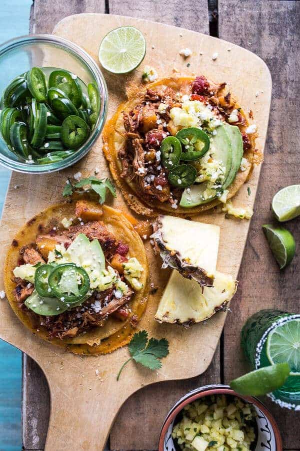 Pineapple Chicken Tinga Quesadilla Tostadas with Tequila Lime Pickled Jalapeño's | halfbakedharvest.com @hbharvest