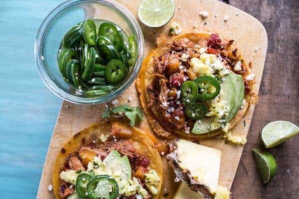 Pineapple Chicken Tinga Quesadilla Tostadas with Tequila Lime Pickled Jalapeño's | halfbakedharvest.com @hbharvest