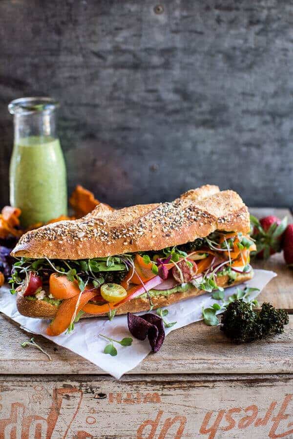 California Rainbow Veggie Sub with Goddess Dressing + Chipotle BBQ Ranch Kale Chips | halfbakedharvest.com @hbharvest