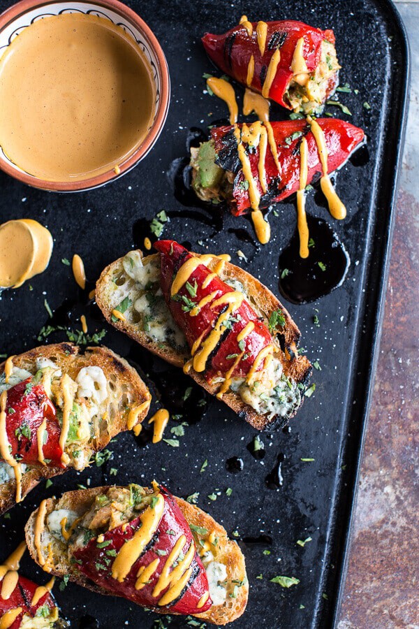 Cheesy Avocado Crab Stuffed Piquillo Pepper Ciabatta Pizzette’s with Sriracha Aioli | halfbakedharvest.com @hbharvest