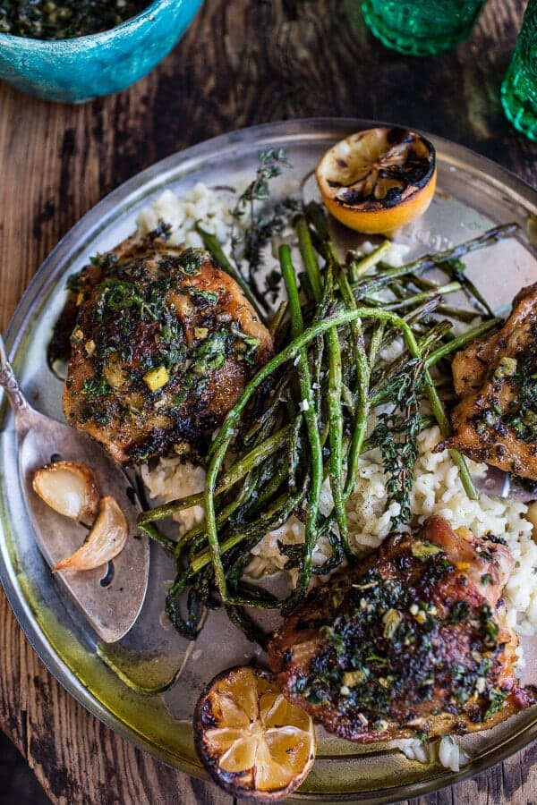 Garlic Butter Roasted Chicken Thighs with Charred Lemon Salsa Verde + Asparagus | halfbakedharvest.com @hbharvest