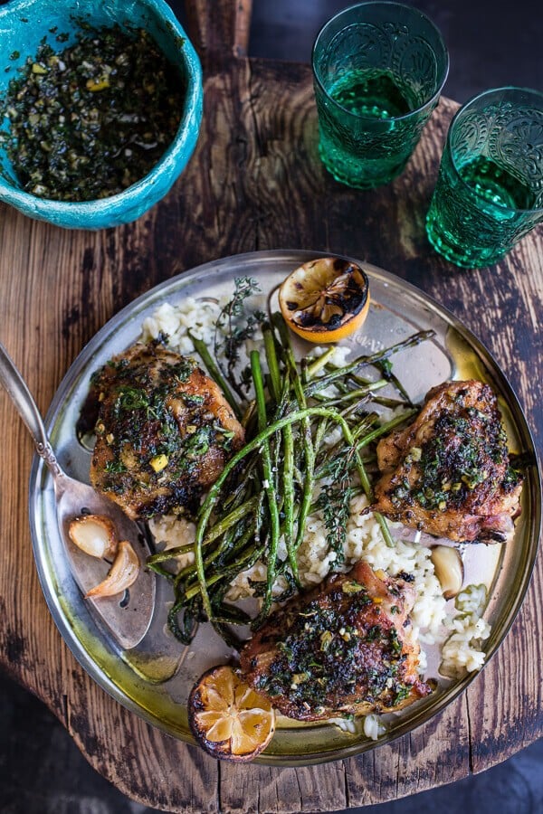 Garlic Butter Roasted Chicken Thighs with Charred Lemon Salsa Verde + Asparagus | halfbakedharvest.com @hbharvest