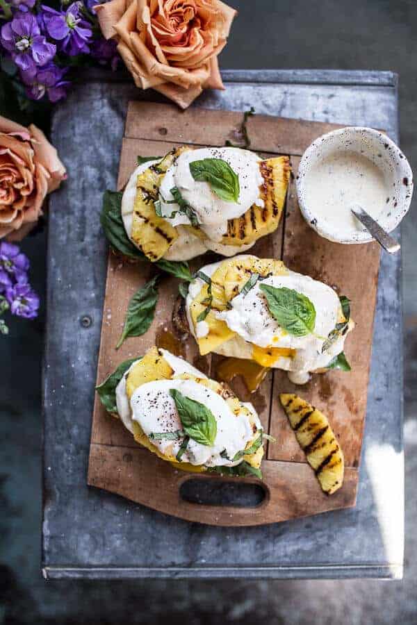 Grilled Pineapple Caprese Eggs Benedict with Coconut-Almond Hollandaise | halfbakedharvest.com @hbharvest