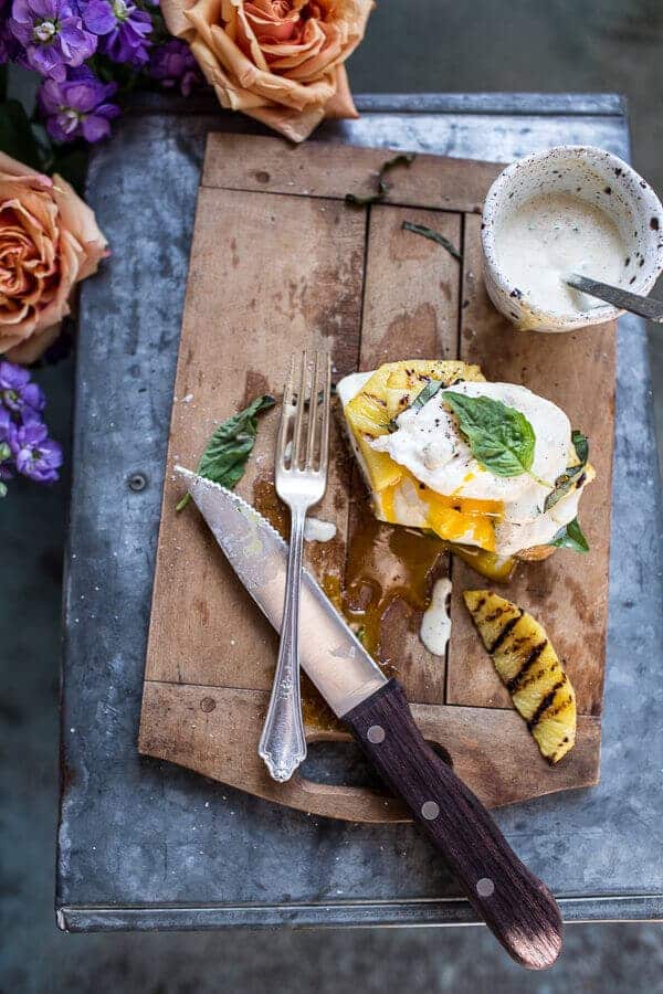 Grilled Pineapple Caprese Eggs Benedict with Coconut-Almond Hollandaise | halfbakedharvest.com @hbharvest