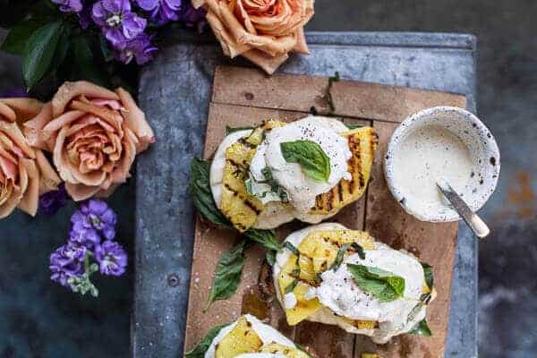 Grilled Pineapple Caprese Eggs Benedict with Coconut-Almond Hollandaise | halfbakedharvest.com @hbharvest