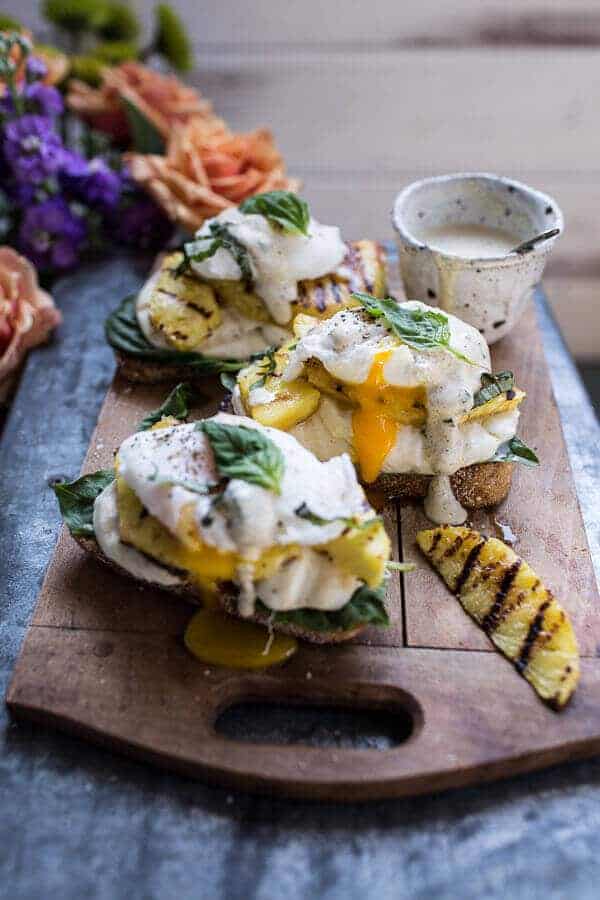 Grilled Pineapple Caprese Eggs Benedict with Coconut-Almond Hollandaise | halfbakedharvest.com @hbharvest