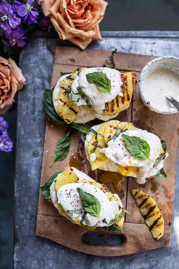 Grilled Pineapple Caprese Eggs Benedict with Coconut-Almond Hollandaise | halfbakedharvest.com @hbharvest