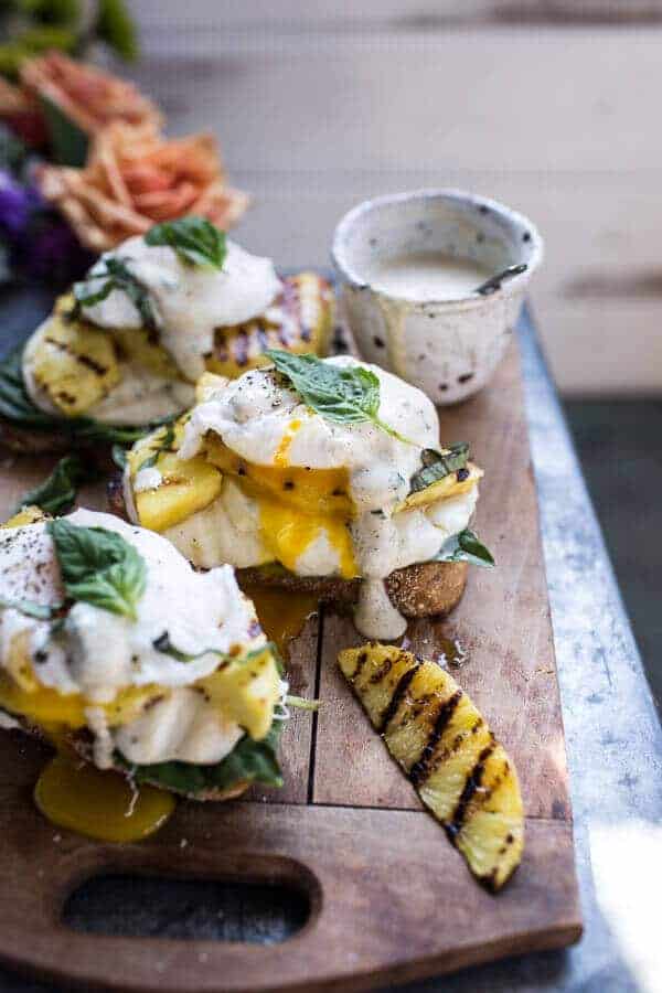 Grilled Pineapple Caprese Eggs Benedict with Coconut-Almond Hollandaise | halfbakedharvest.com @hbharvest