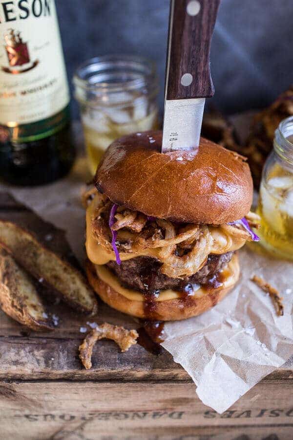 Jameson Whiskey Blue Cheese Burger with Guinness Cheese Sauce + Crispy Onions | halfbakedharvest.com @hbharvest