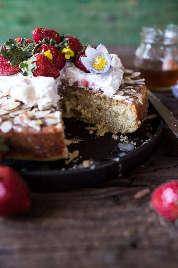 Almond Honey Cake with Strawberry Ripple Cream | halfbakedharvest.com @hbharvest