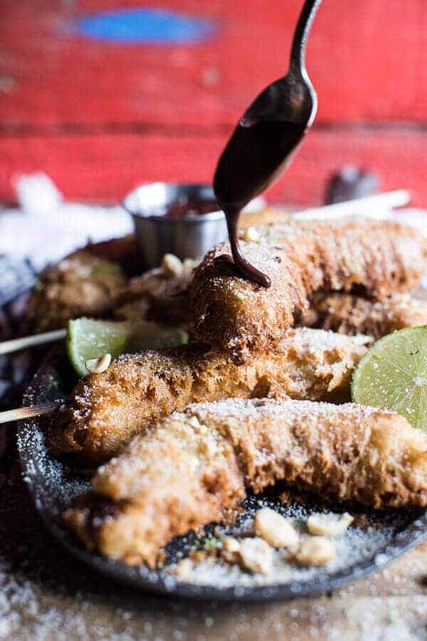 Banana Fritters On a Stick with Peanut Sugar + Mexican Chocolate Sauce | halfbakedharvest.com @hbharvest