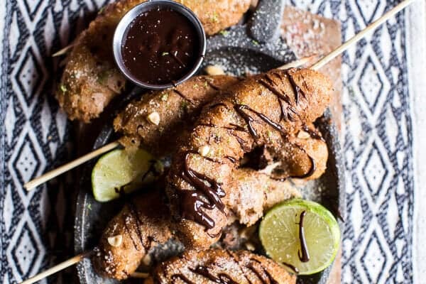 Banana Fritters On a Stick with Peanut Sugar + Mexican Chocolate Sauce | halfbakedharvest.com @hbharvest