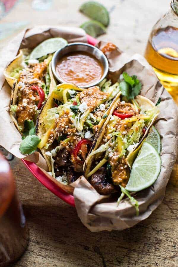 Bulgogi BBQ Pork Tacos with Charred Tomatillo Sesame Sauce + Spring Onion Slaw | halfbakedharvest.com @hbharvest