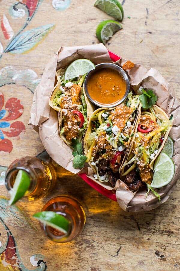 Bulgogi BBQ Pork Tacos with Charred Tomatillo Sesame Sauce + Spring Onion Slaw | halfbakedharvest.com @hbharvest