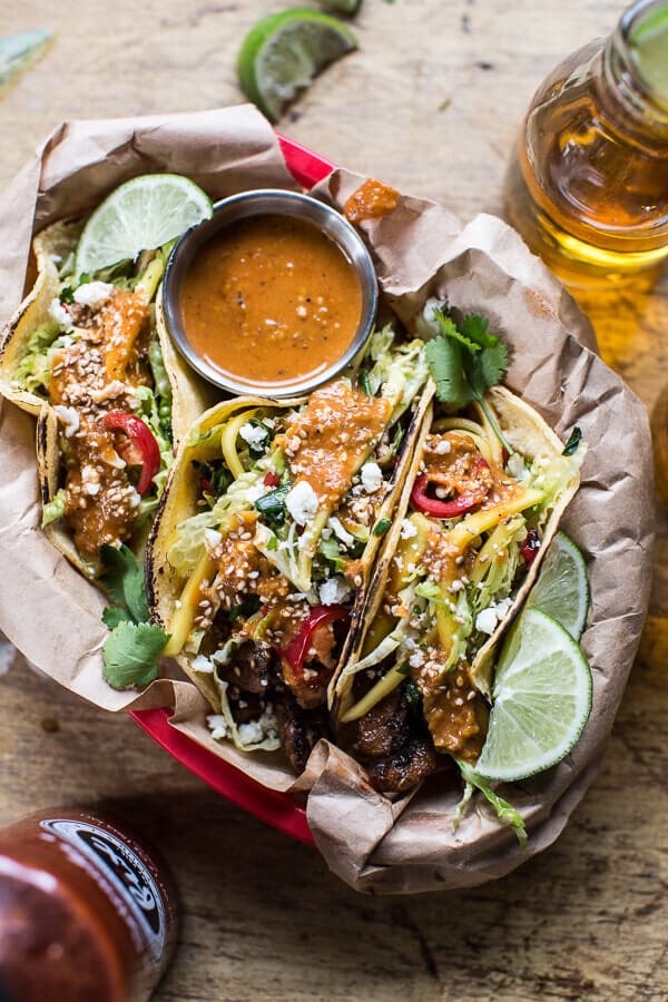 Bulgogi BBQ Pork Tacos with Charred Tomatillo Sesame Sauce + Spring Onion Slaw | halfbakedharvest.com @hbharvest