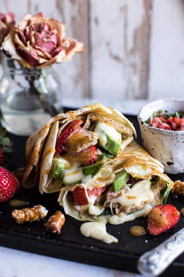 Honey Mustard Pretzel Crusted Chicken and Brie Crepes with Strawberry Basil Salsa | halfbakedharvest.com @hbharvest