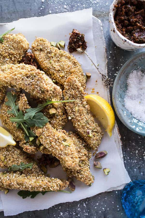 Pistachio Quinoa Dukkah Crusted Chicken Fingers with Sun-dried Tomato Pesto | halfbakedharvest.com @hbharvest