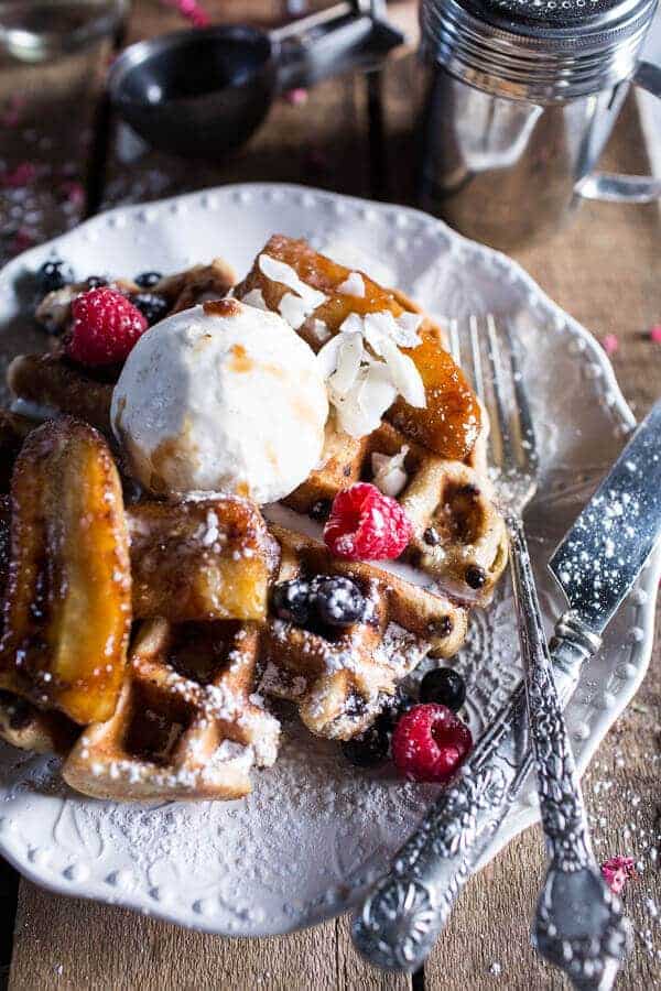 Whole Wheat Belgium Chocolate Chip Waffles with Coconut Caramelized Bananas | halfbakedharvest.com @hbharvest