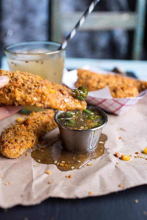 Cheddar Cornbread Chicken Fingers with Jalapeño Honey Butter | halfbakedharvest.com @hbharvest