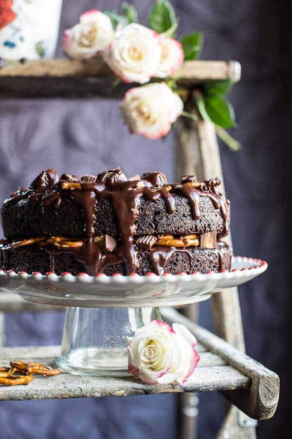 Fudgy One-Bowl Chocolate Peanut Butter Cup Pretzel Cake | halfbakedharvest.com @hbharvest