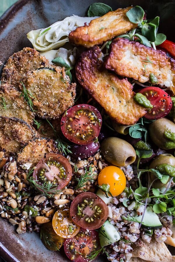 Greek Goddess Grain Bowl with “Fried” Zucchini, Toasted Seeds and Fried Halloumi | halfbakedharvest.com @hbharvest