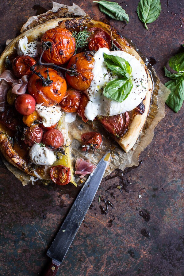 Quick Balsamic Fig Roasted Tomato and Burrata Cheese Tarts | halfbakedharvest.com @hbharvest