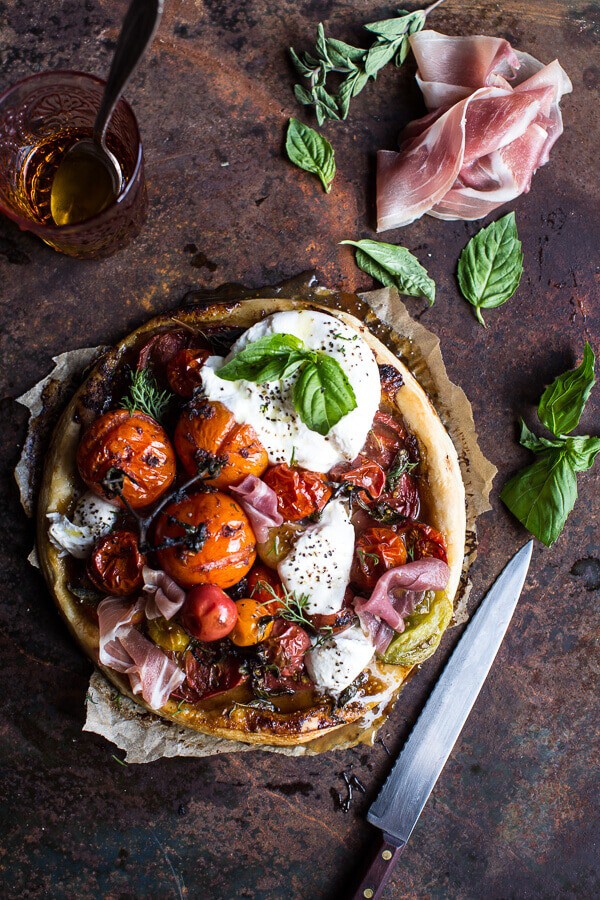Quick Balsamic Fig Roasted Tomato and Burrata Cheese Tarts | halfbakedharvest.com @hbharvest