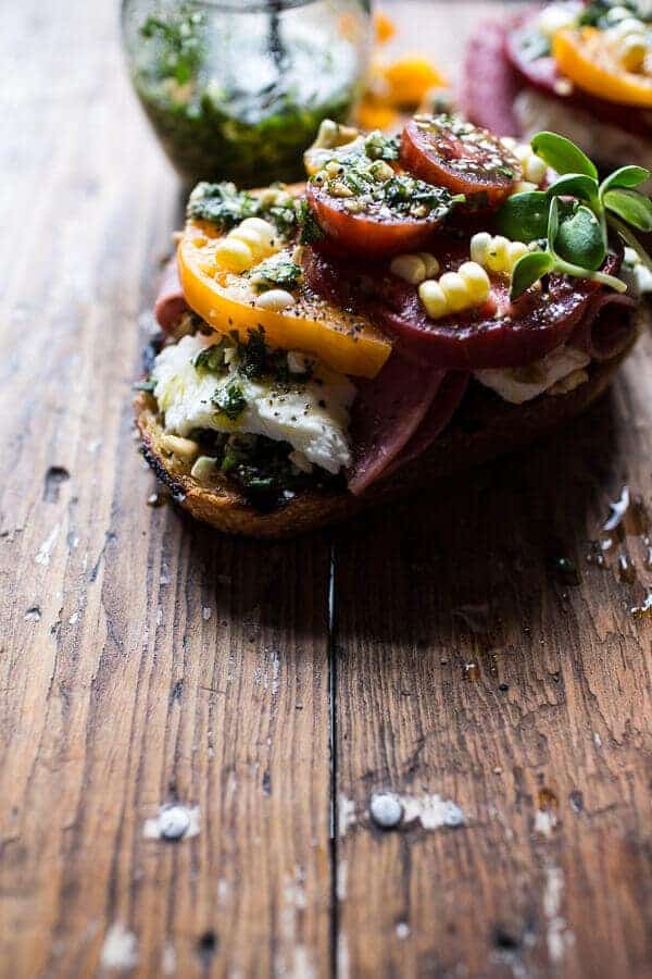 Tomato, Salami and Chunky Arugula-Basil Pesto Bruschetta | halfbakedharvest.com @hbharvest