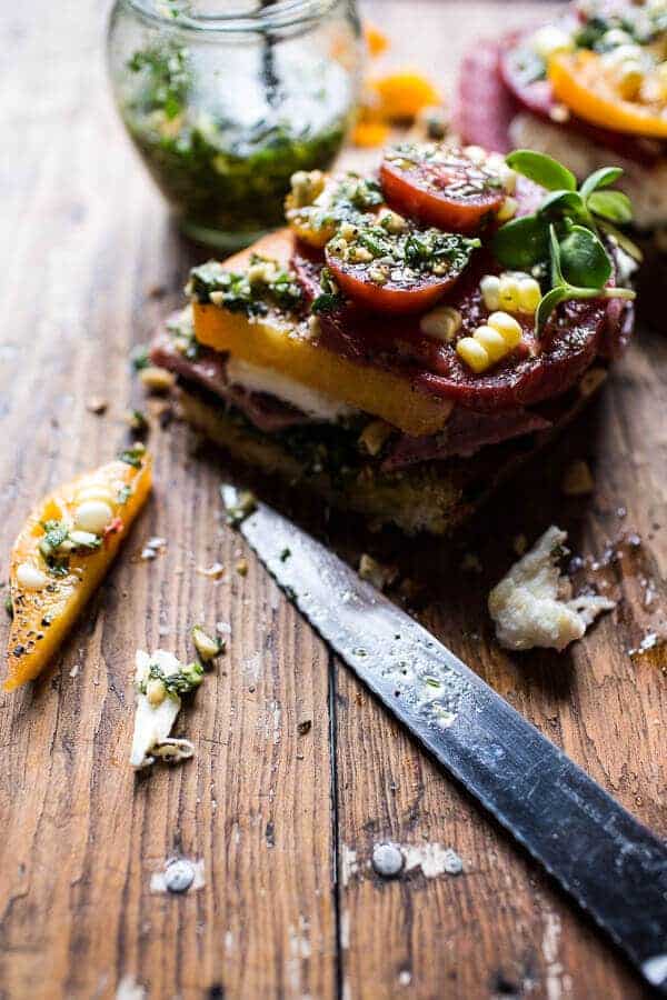 Tomato, Salami and Chunky Arugula-Basil Pesto Bruschetta | halfbakedharvest.com @hbharvest