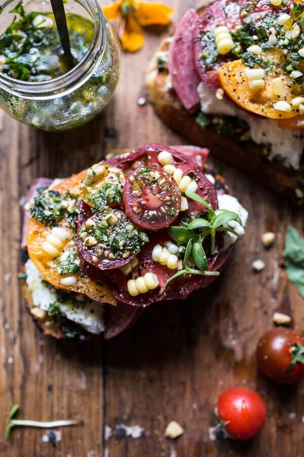 Tomato, Salami and Chunky Arugula-Basil Pesto Bruschetta | halfbakedharvest.com @hbharvest