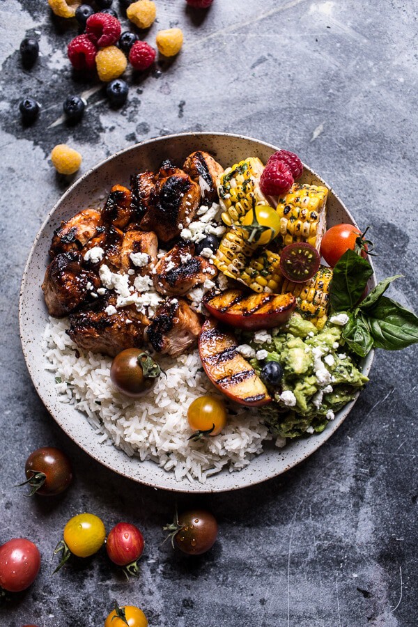 BBQ Chicken and Grilled Corn Rice Bowls with Berry Smashed Avocado | halfbakedharvest.com @hbharvest