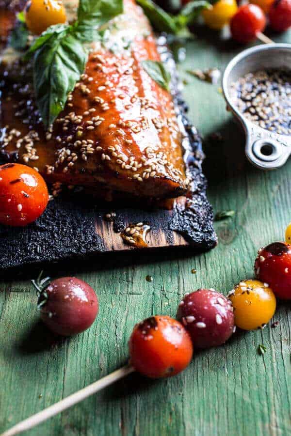 Cedar Plank Grilled Sesame Salmon with Kimchi Miso Butter and Grilled Tomatoes | halfbakedharvest.com @hbharvest