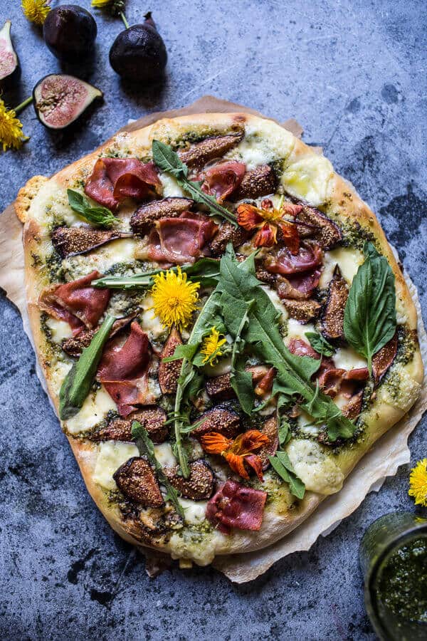 Dandelion Green Pesto, Fresh Fig and Gorgonzola Pizza with Prosciutto | halfbakedharvest.com @hbharvest