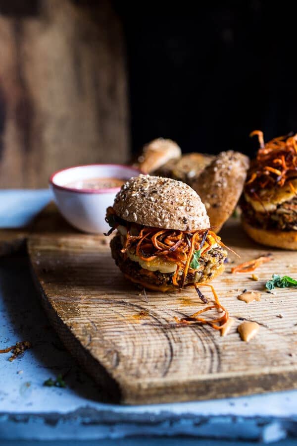 Sunflower Seed Veggie Burgers with Grilled Halloumi + Curried Tahini Sauce | halfbakedharvest.com @hbharvest