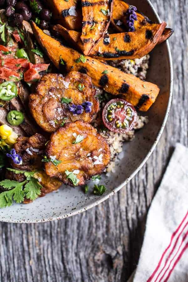 Brazilian Steak and Grilled Sweet Potato Fry Quinoa Bowl with Spicy Coconut Tomato Sauce | halfbakedharvest.com @hbharvest