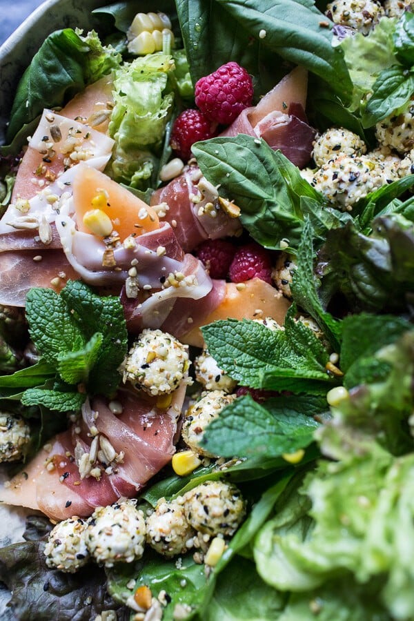 Fresh Basil Salad with Prosciutto Wrapped Mellon and Toasted Seed Rolled Goat Cheese | halfbakedharvest.com @hbharvest