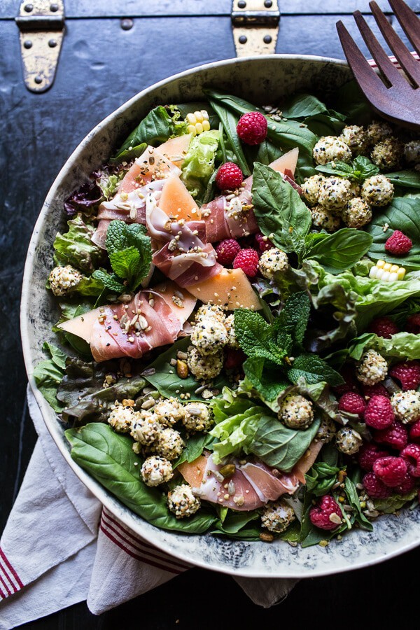 Fresh Basil Salad with Prosciutto Wrapped Mellon and Toasted Seed Rolled Goat Cheese | halfbakedharvest.com @hbharvest