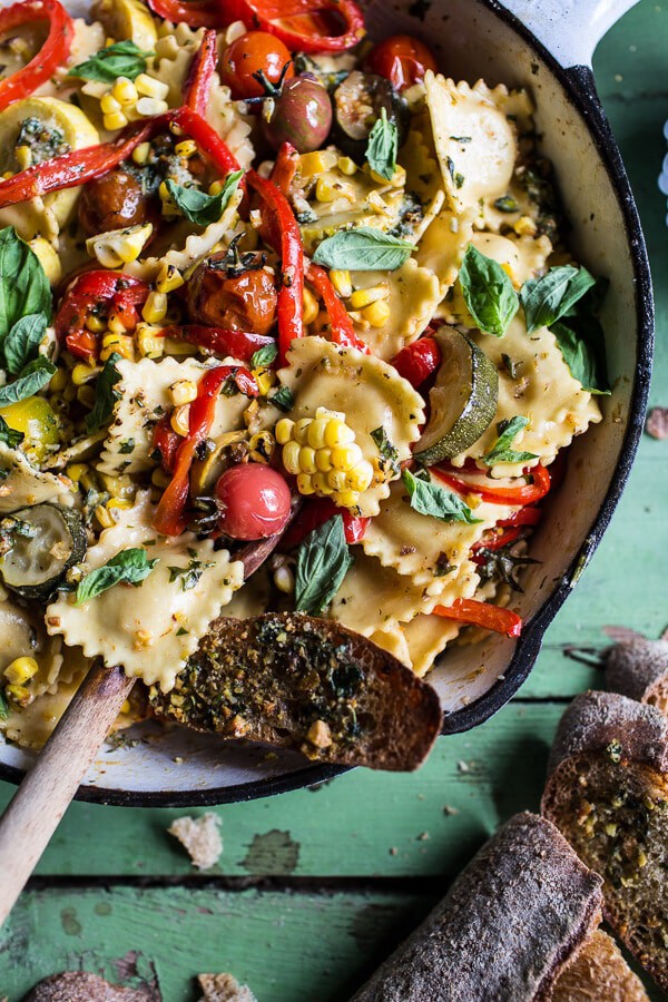Garden Veggie and Ravioli Skillet with Pistachio Herb Butter | halfbakedharvest.com @hbharvest